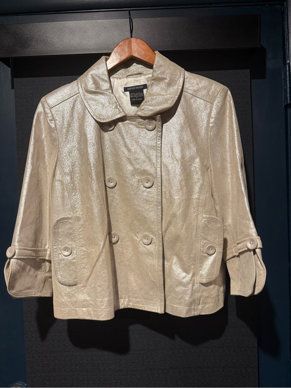 Boston Proper Shimmery Champagne Double-Breasted Trench Jacket